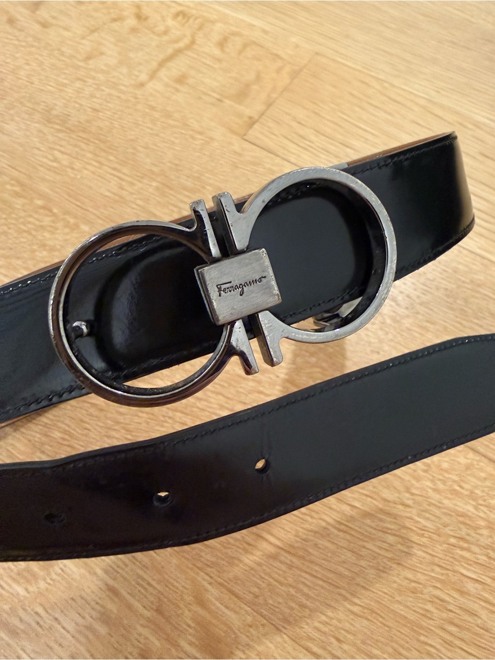 AuthenticSalvatore Ferragamo Black Leather Men’s Belt with Silver Gancini Buckle